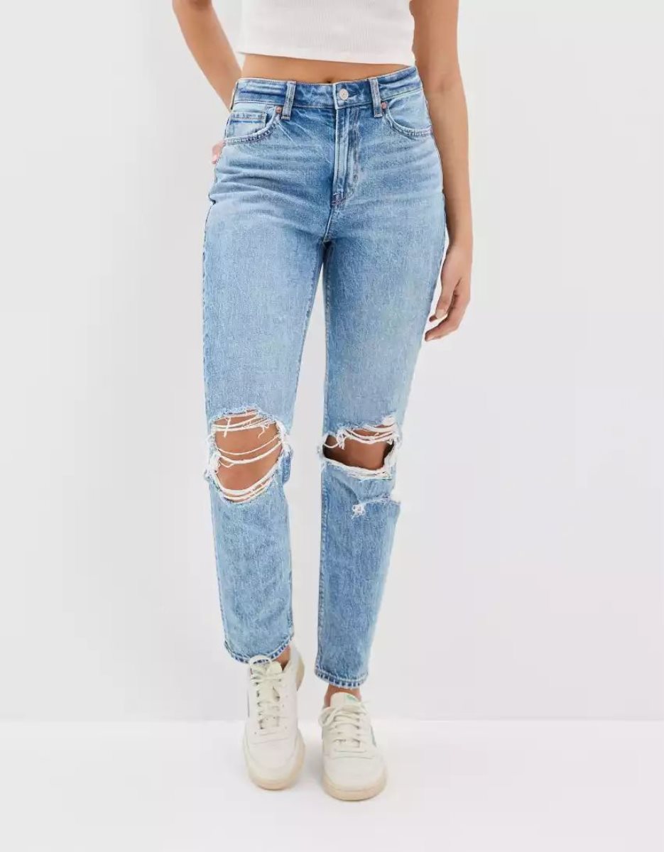 Jean American Eagle AE Strigid Ripped Mom Bleu Femme | ZPX-18371243